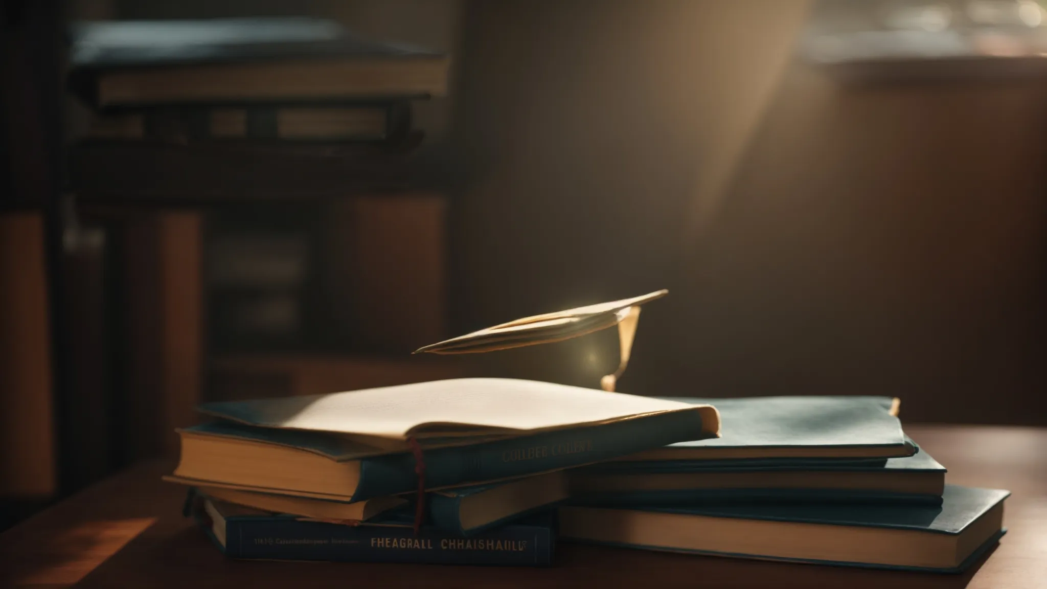 a stack of college textbooks beside a graduation cap, with a bright light shining on them from above.