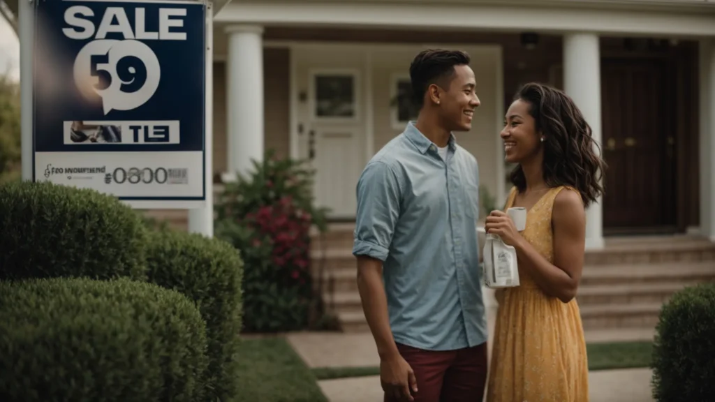 a young couple excitedly discusses in front of a "for sale" sign outside a suburban house.
