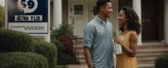 a young couple excitedly discusses in front of a "for sale" sign outside a suburban house.