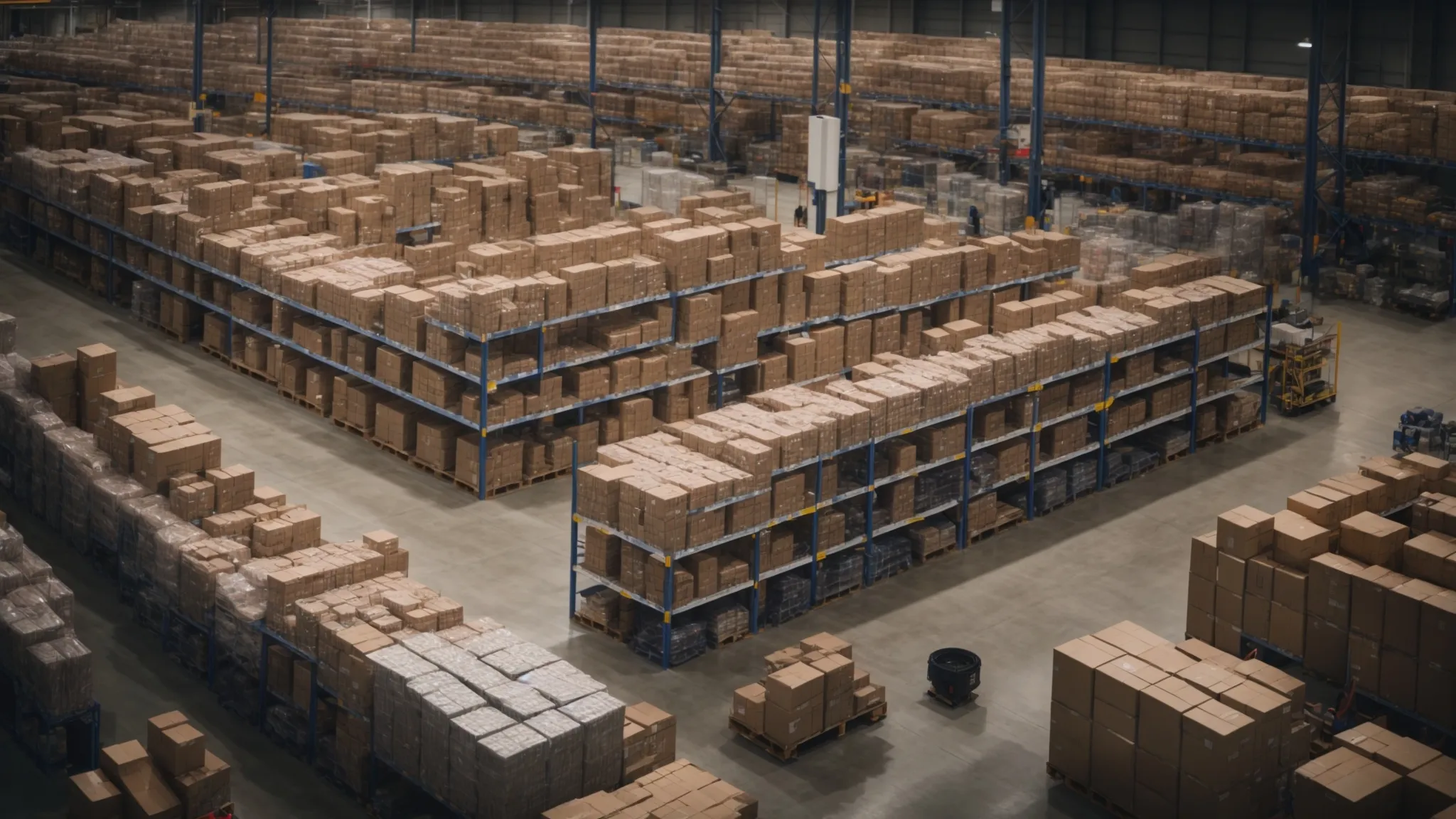 a busy warehouse with rows of neatly organized products ready for shipping.