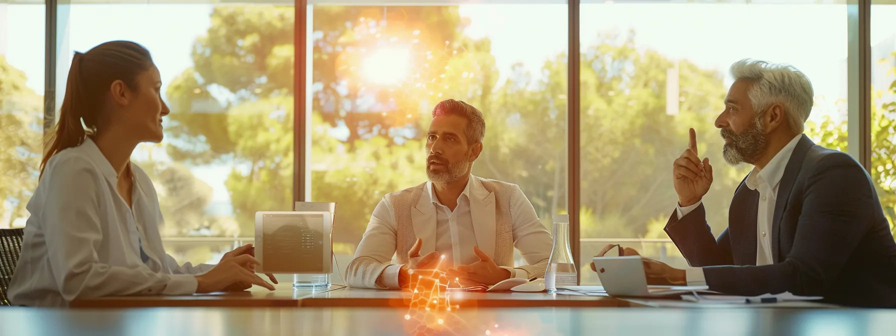 business professionals sitting around a table discussing the benefits of medical ai scribe technology for enhancing patient outcomes.