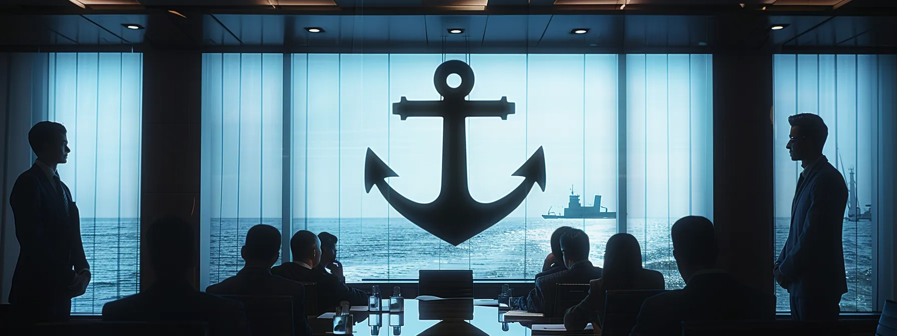 business professionals in a boardroom looking at a large anchor symbolizing the importance of career outcomes and industry connections in relation to an online culinary school.