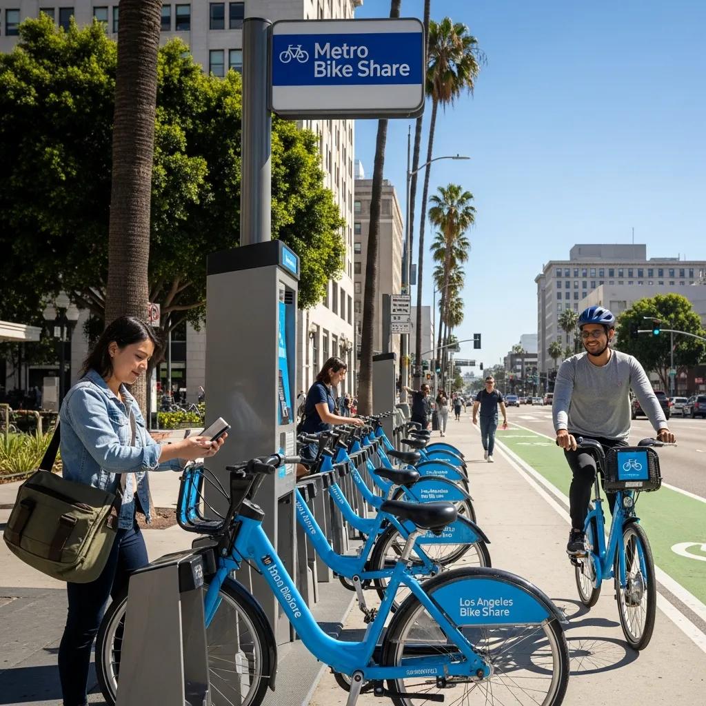 Bike-sharing station in Los Angeles with people renting and riding bicycles, emphasizing urban mobility