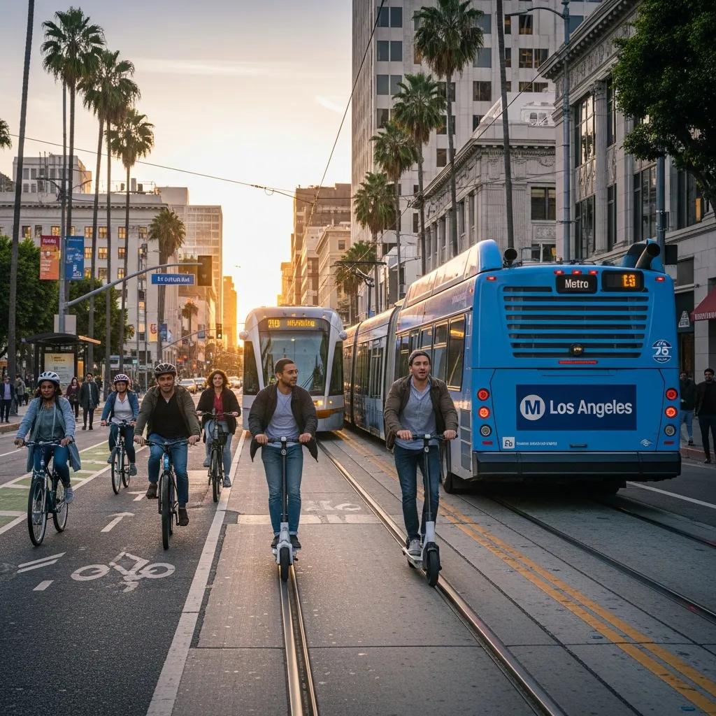 Diverse urban transportation options in Los Angeles, featuring bicycles, electric scooters, and public transit vehicles