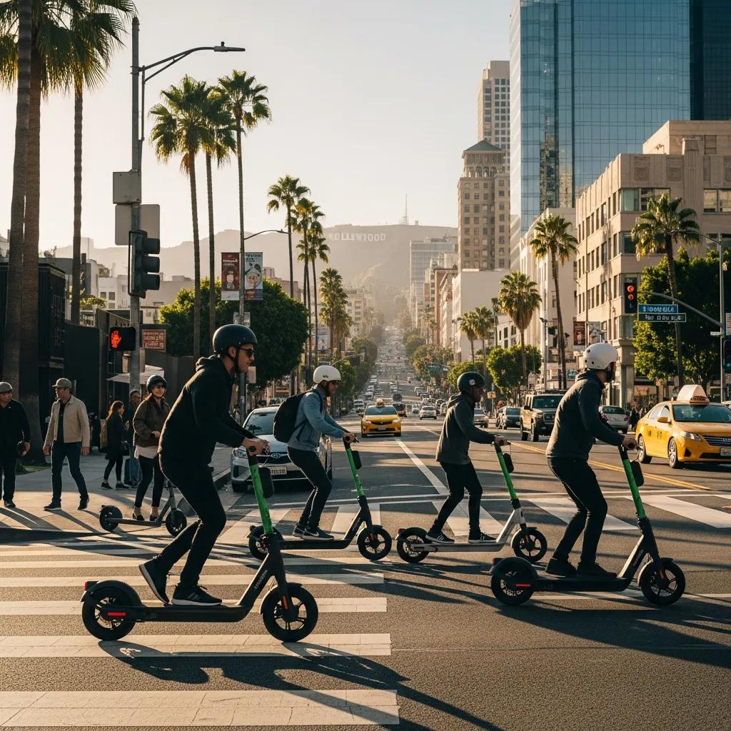 Individuals using electric scooters in Los Angeles, showcasing last-mile connectivity in urban transportation