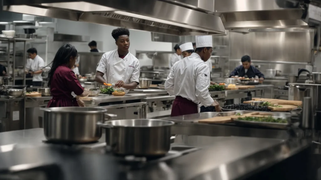 a split-screen image showing one side featuring a student in a kitchen using a tablet alongside cooking utensils, and the other side depicting a busy, professional culinary classroom with multiple students and an instructor.