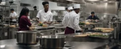 a split-screen image showing one side featuring a student in a kitchen using a tablet alongside cooking utensils, and the other side depicting a busy, professional culinary classroom with multiple students and an instructor.