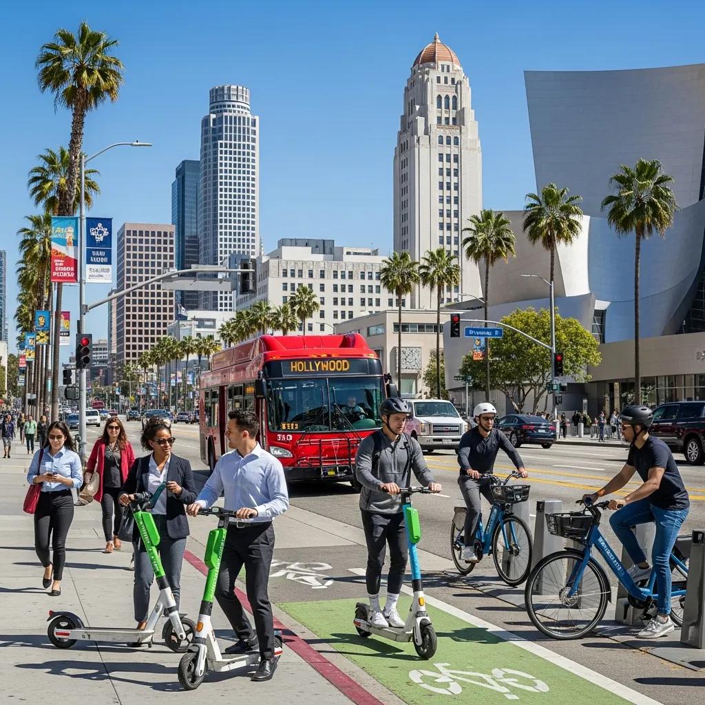 Los Angeles cityscape featuring diverse urban mobility options like buses, e-scooters, and bike-sharing